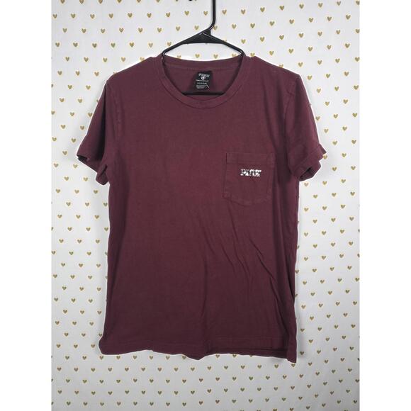 Victorias Secret PINK Maroon BLING Dog Logo Tee Shirt Pocket Silver Sequins SM - Picture 2 of 5